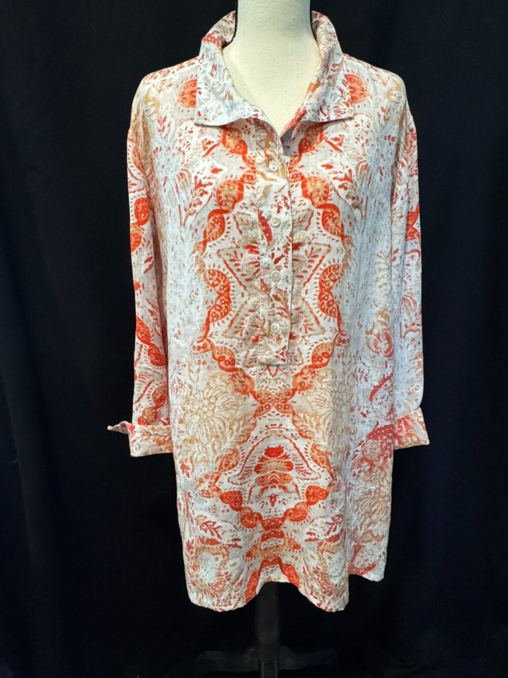Chico’s Orange, White, & Tan Printed Linen Tunic Blouse, Size 3 (US 16/18)